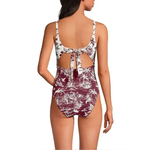 Land's End One piece monokini swimsuit adjustable egret burgundy scenic mix Var - Picture 3 of 7